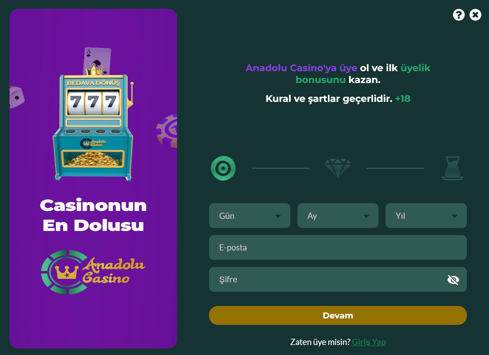 Anadolu Casino kayıt işleminin önizlemesi 